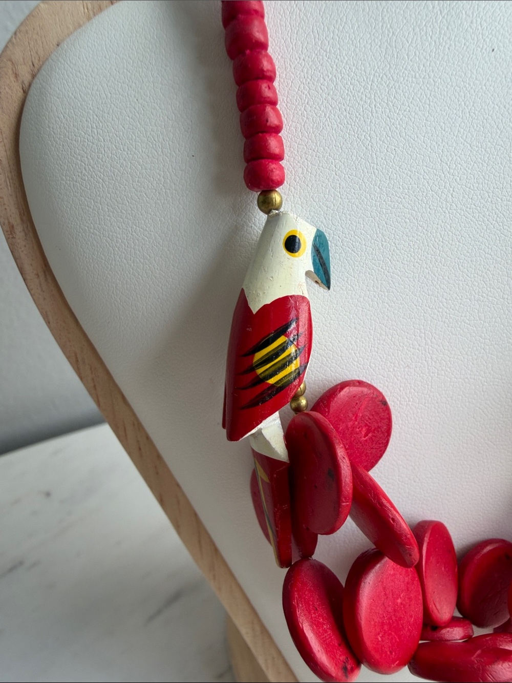 Vintage Parrot Red Wooden Bead Necklace -Boho, Tropical, Festival - Picture 2 of 5